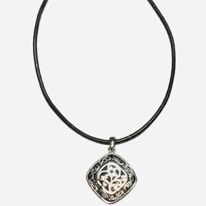 Vintage Lia Sophia Brown Leather Corded Silver Tone Paisley Pendant Necklace